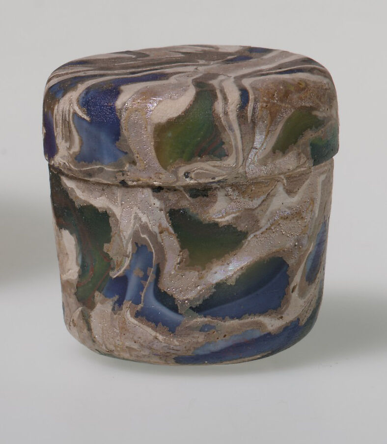 Glass mosaic pyxis with lid, Glass, Roman 