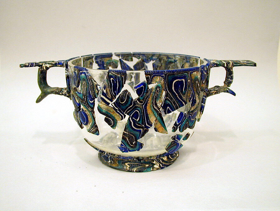 Glass gold-band mosaic scyphus (drinking cup), Glass, Roman