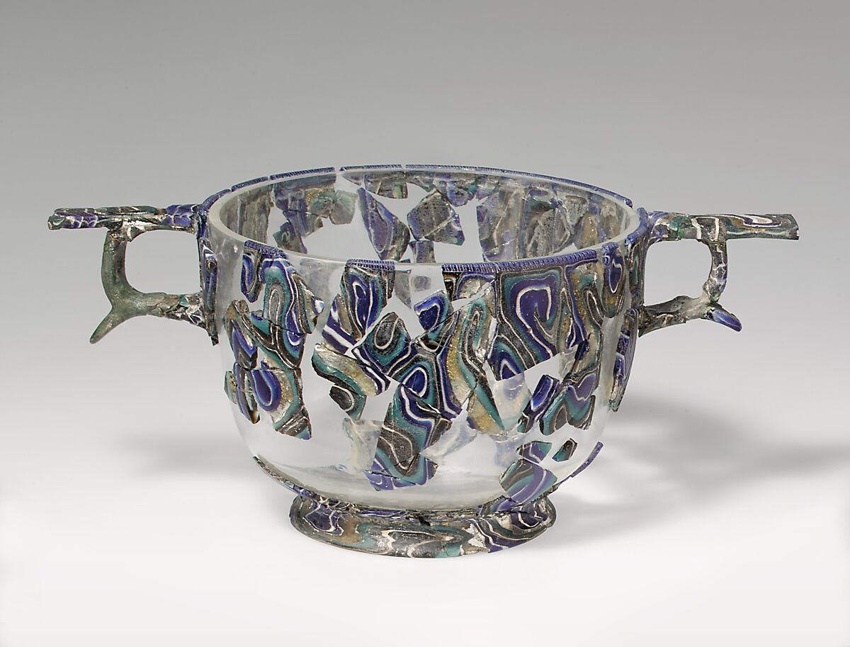 Glass gold-band mosaic scyphus (drinking cup), Glass, Roman