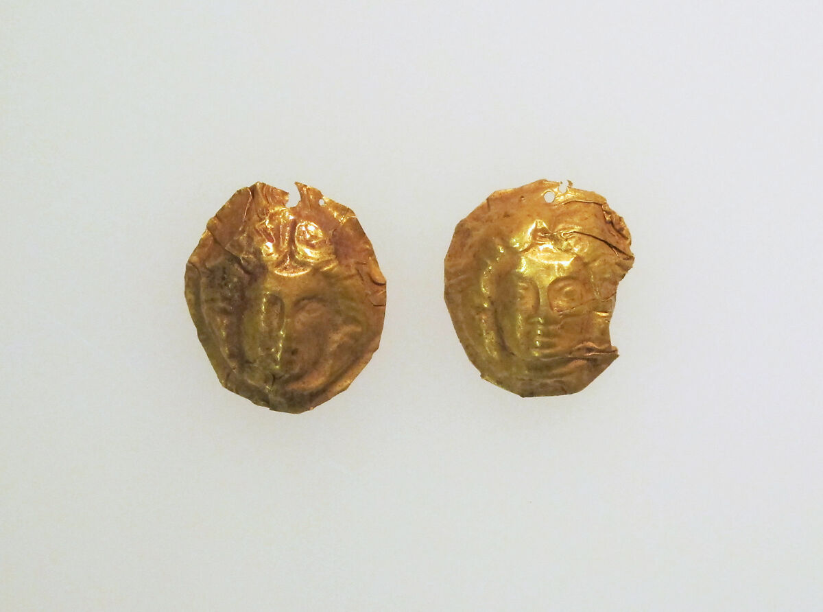 Bead ornaments, 2 female masks, Gold 