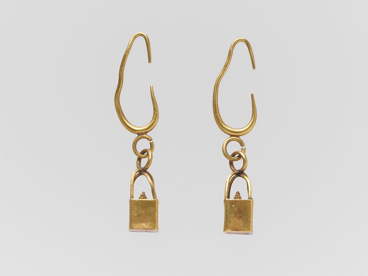 Pair of gold earrings with cage and ball pendants, Gold, Phoenician 
