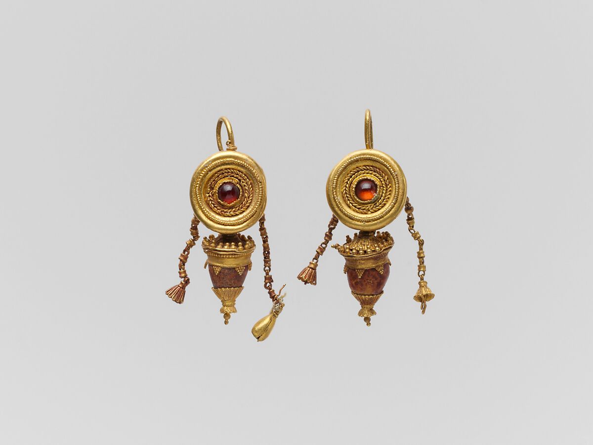 Pair of gold, garnet, and glass paste disk and pendant earrings, Gold, Greek 