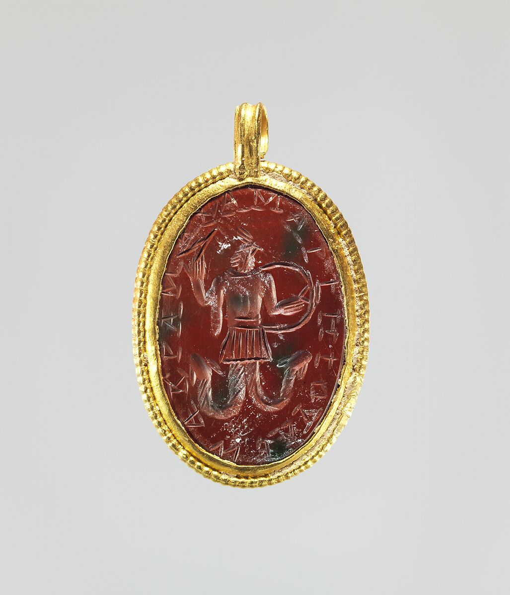 Jasper intaglio: Cock-headed anguipede, Jasper, red, gold, Roman 