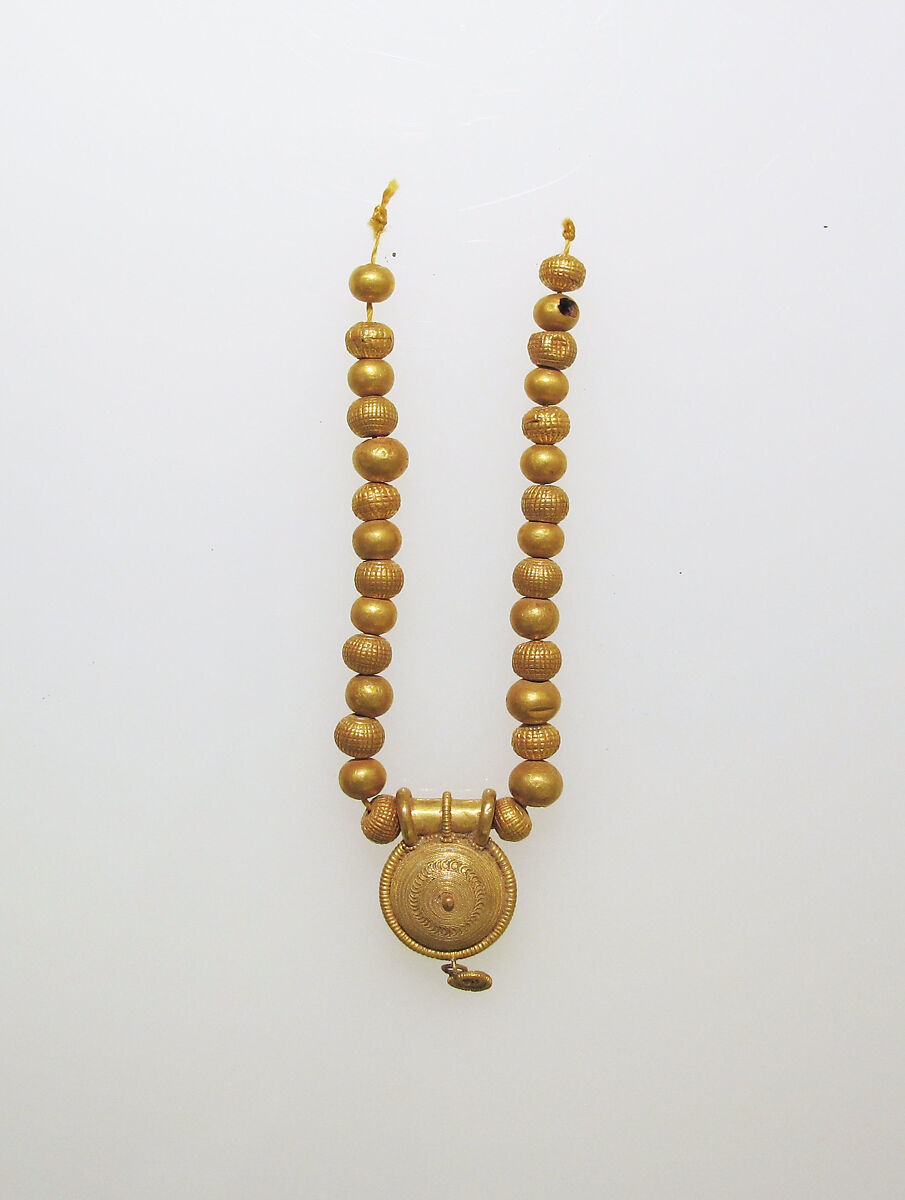Necklace with bulla and gold beads, Gold, Etruscan 