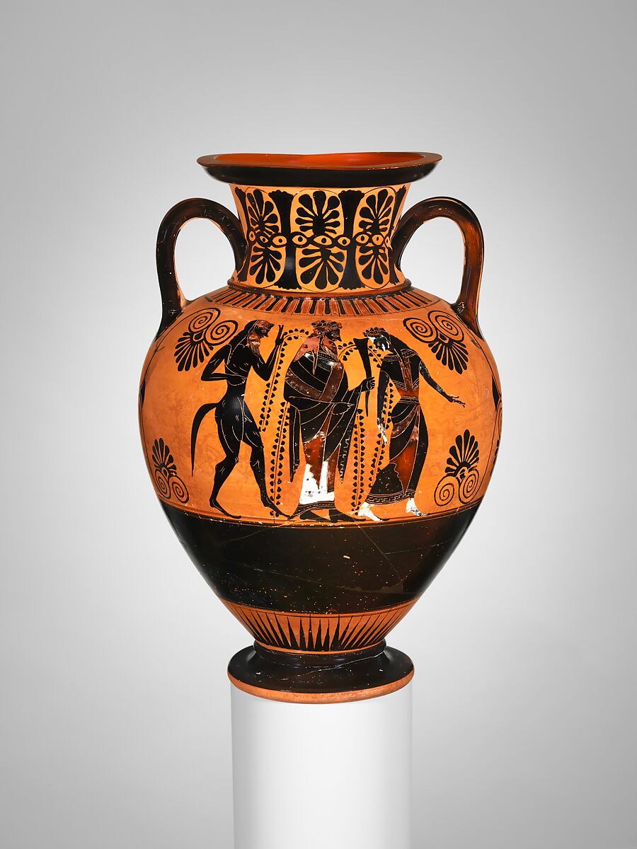 Terracotta neck-amphora (jar), Terracotta, Greek, Attic