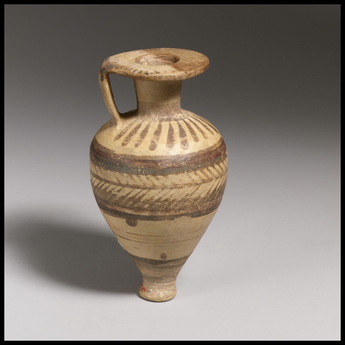 Terracotta pointed aryballos (oil flask), Terracotta, Etruscan, Italo-Corinthian 