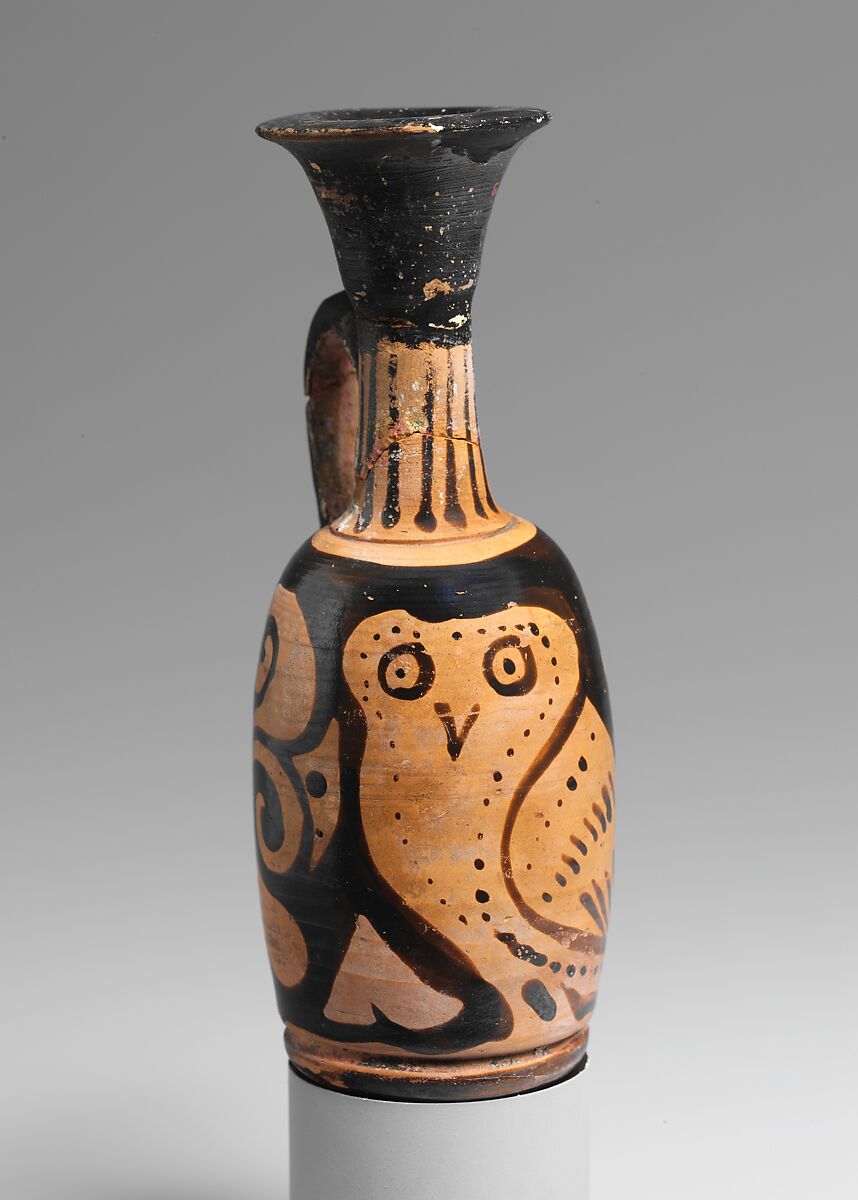 Terracotta lekythos (oil flask) with an owl, Terracotta, Greek, South Italian, Apulian 