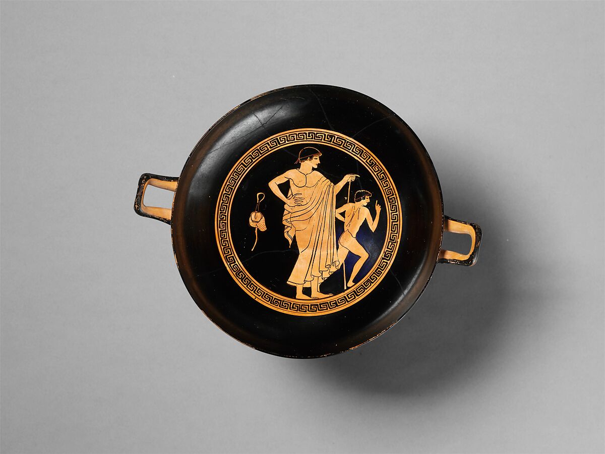 Terracotta kylix (drinking cup), Attributed to the Painter of New York GR 576, Terracotta, Greek, Attic 