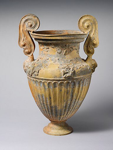 Terracotta volute-krater (bowl for mixing wine and water), Attributed to the Bolsena Group, Terracotta, Etruscan 