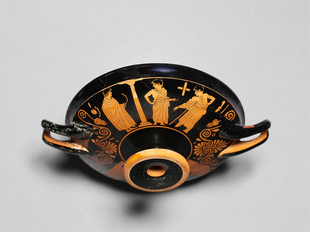 Terracotta kylix (drinking cup), Attributed to the Painter of Louvre G 456, Terracotta, Greek, Attic