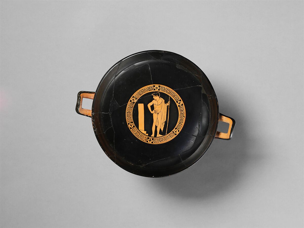 Terracotta kylix (drinking cup), Attributed to the Painter of Louvre G 456, Terracotta, Greek, Attic 