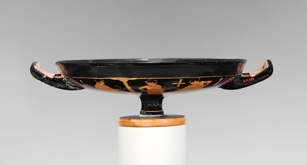 Terracotta kylix (drinking cup), Attributed to the Painter of Louvre G 456, Terracotta, Greek, Attic