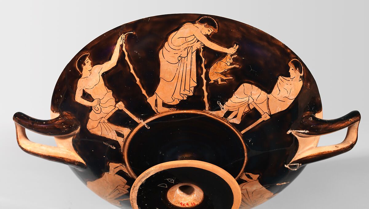 Terracotta kylix (drinking cup), Attributed to the Antiphon Painter, Terracotta, Greek, Attic