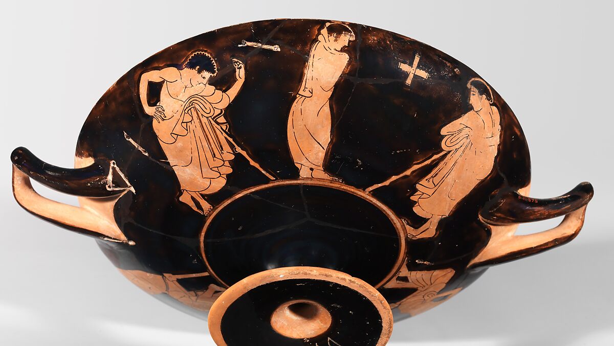 Terracotta kylix (drinking cup), Attributed to the Antiphon Painter, Terracotta, Greek, Attic