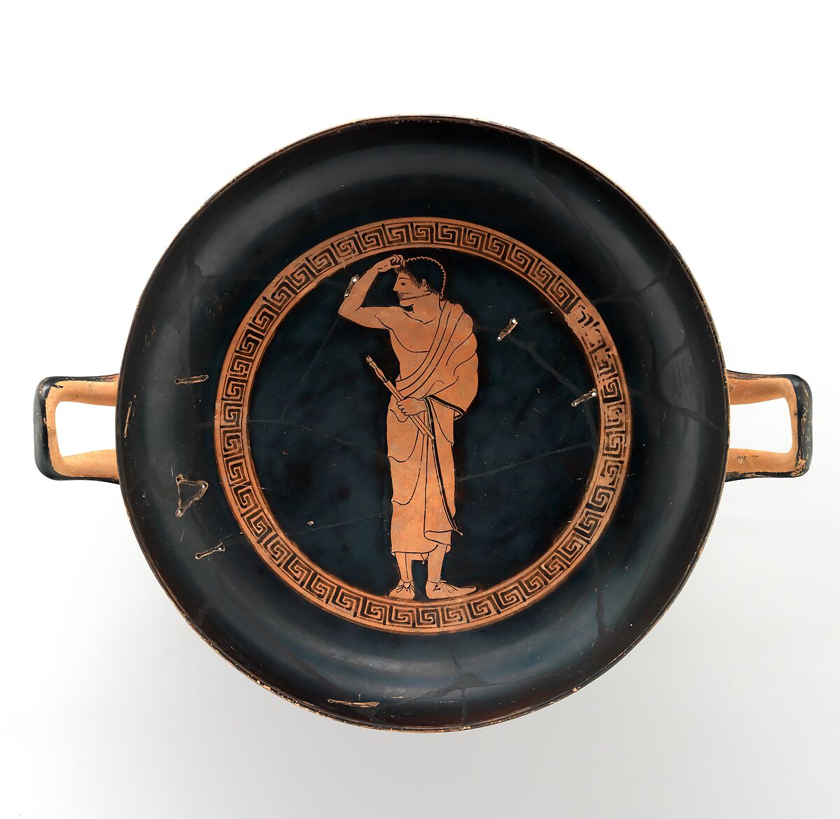 Terracotta kylix (drinking cup), Attributed to the Antiphon Painter, Terracotta, Greek, Attic 