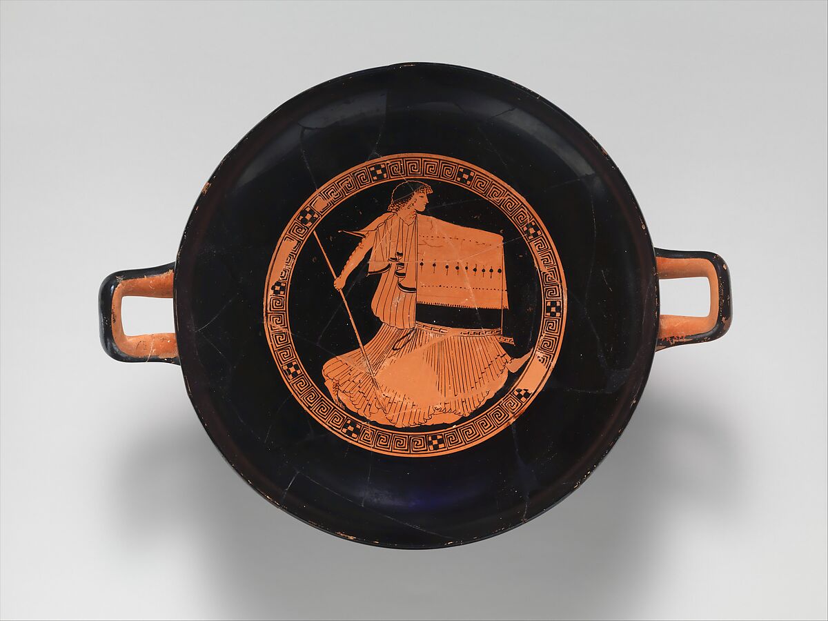 Terracotta kylix (drinking cup), Attributed to the Brygos Painter, Terracotta, Greek, Attic 