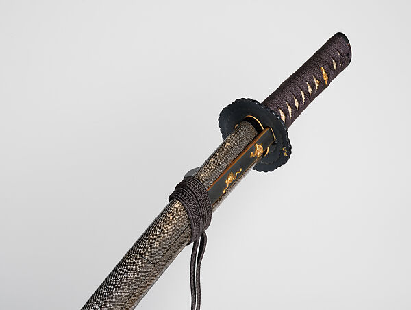 鮫皮研出鞘大小拵 Blade and Mounting for a Short Sword (<i>Wakizashi</i>), Blade inscribed by Nobukuni (Japanese, active late 14th–early 15th century), Steel, wood, lacquer, ray skin (samé), thread, copper-gold alloy (shakudō), gold, Japanese