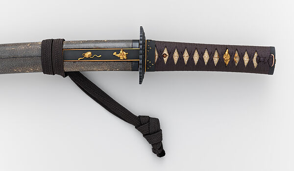 鮫皮研出鞘大小拵 Blade and Mounting for a Short Sword (<i>Wakizashi</i>), Blade inscribed by Nobukuni (Japanese, active late 14th–early 15th century), Steel, wood, lacquer, ray skin (samé), thread, copper-gold alloy (shakudō), gold, Japanese