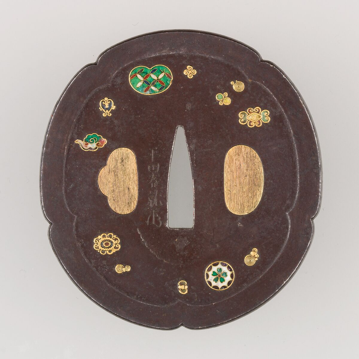 Sword Guard (Tsuba), Iron, gold, enameled cloisonné (shippō), copper, Japanese 
