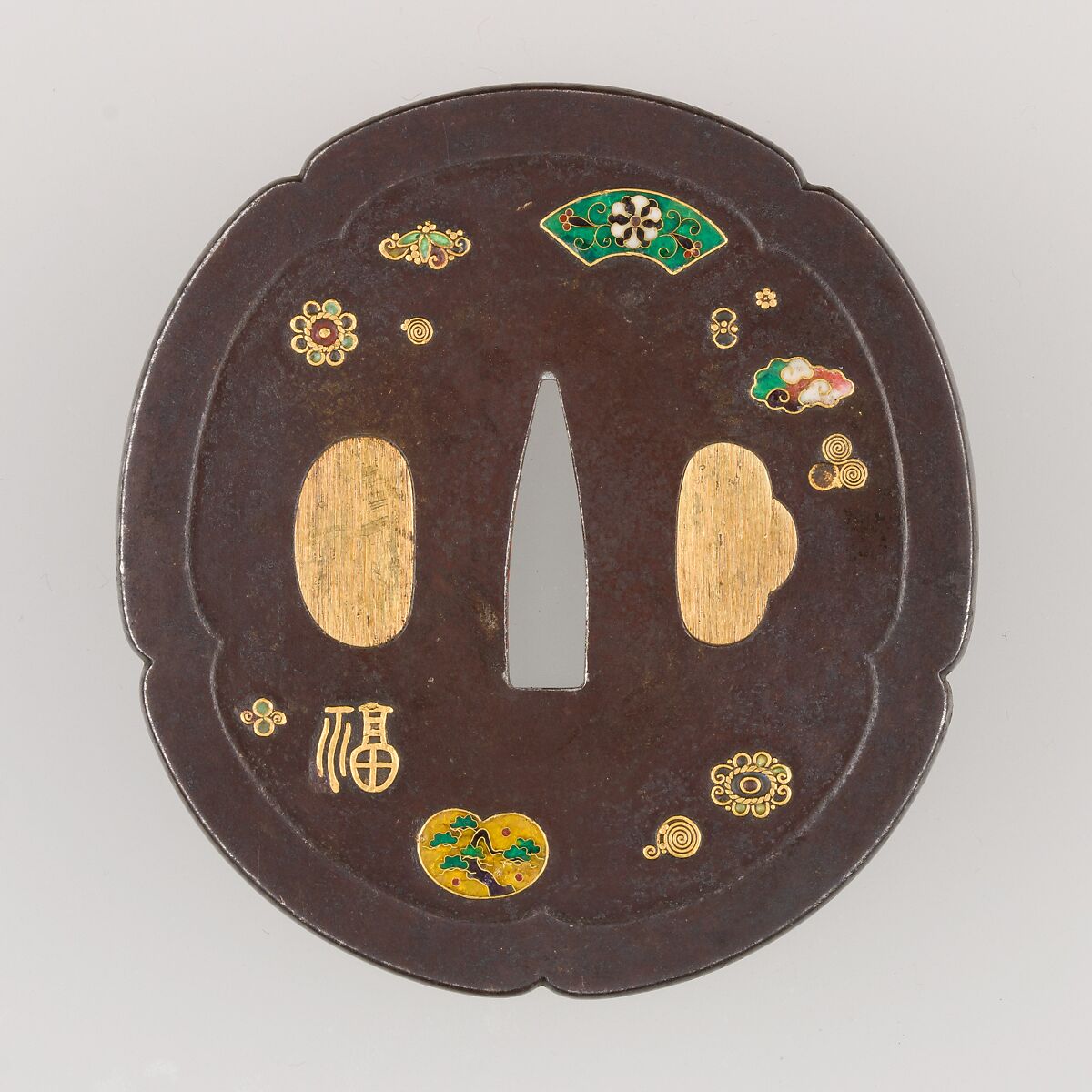 Sword Guard (Tsuba), Iron, gold, enameled cloisonné (shippō), copper, Japanese