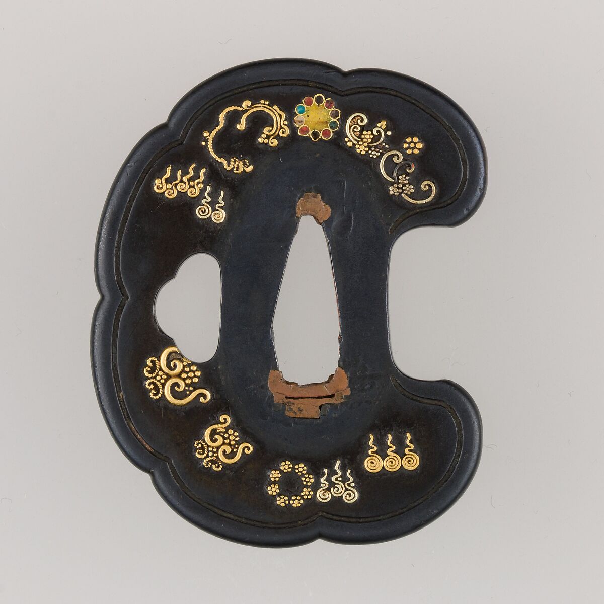 Sword Guard (Tsuba), Iron, gold, enameled cloisonné (shippō), copper, Japanese