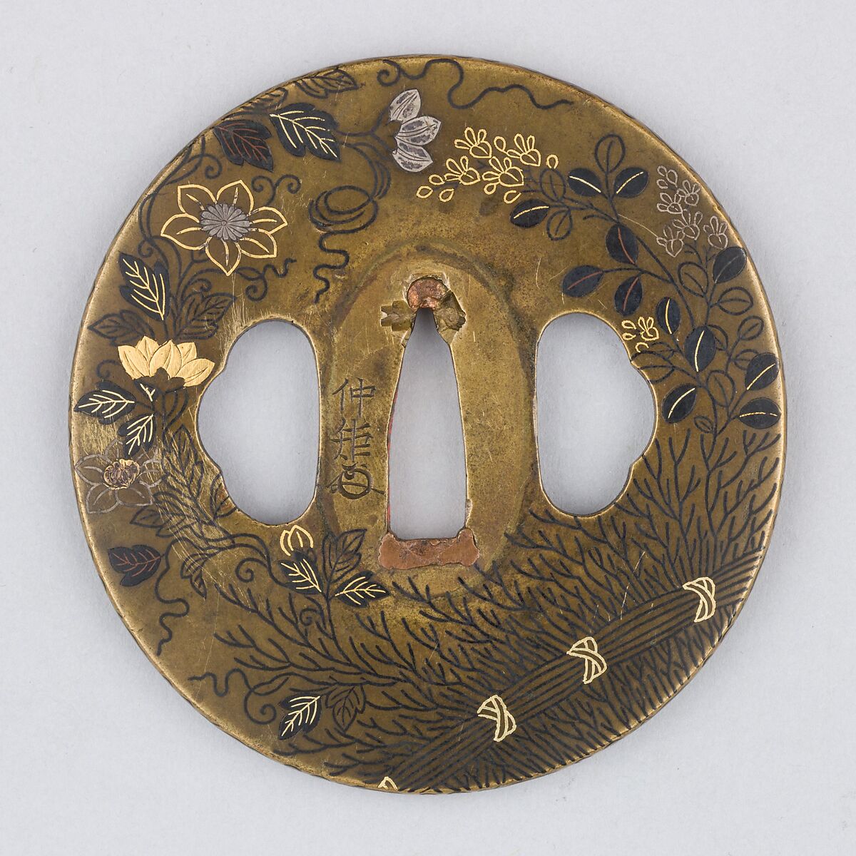 Sword Guard (Tsuba), Brass (shinchu), gold, silver, copper-gold alloy (shakudō), copper, Japanese 