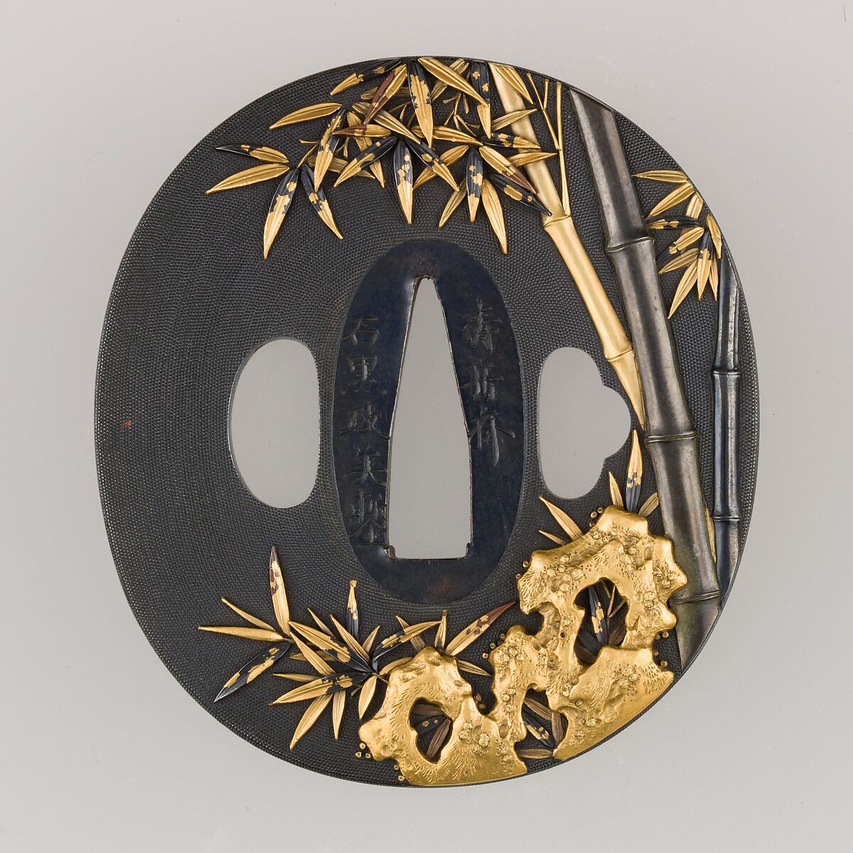 Sword Guard (Tsuba), Inscribed by Ishiguro Masayoshi (Japanese, 1772–after 1851), Copper-gold alloy (shakudō), gold, copper-silver alloy (shibuichi), copper, Japanese