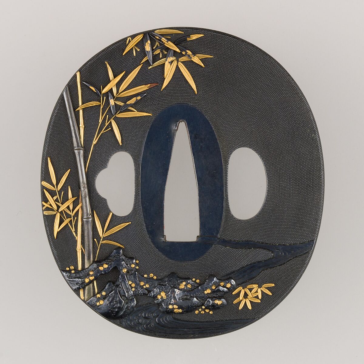 Sword Guard (Tsuba), Inscribed by Ishiguro Masayoshi (Japanese, 1772–after 1851), Copper-gold alloy (shakudō), gold, copper-silver alloy (shibuichi), copper, Japanese