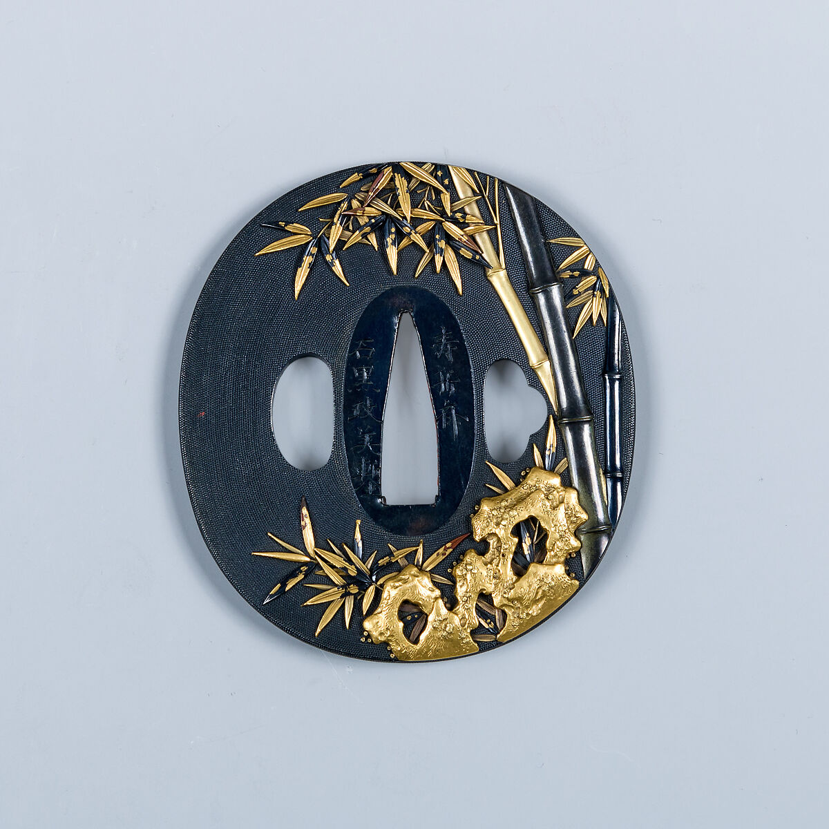 Sword Guard (Tsuba), Inscribed by Ishiguro Masayoshi (Japanese, 1772–after 1851), Copper-gold alloy (shakudō), gold, copper-silver alloy (shibuichi), copper, Japanese 