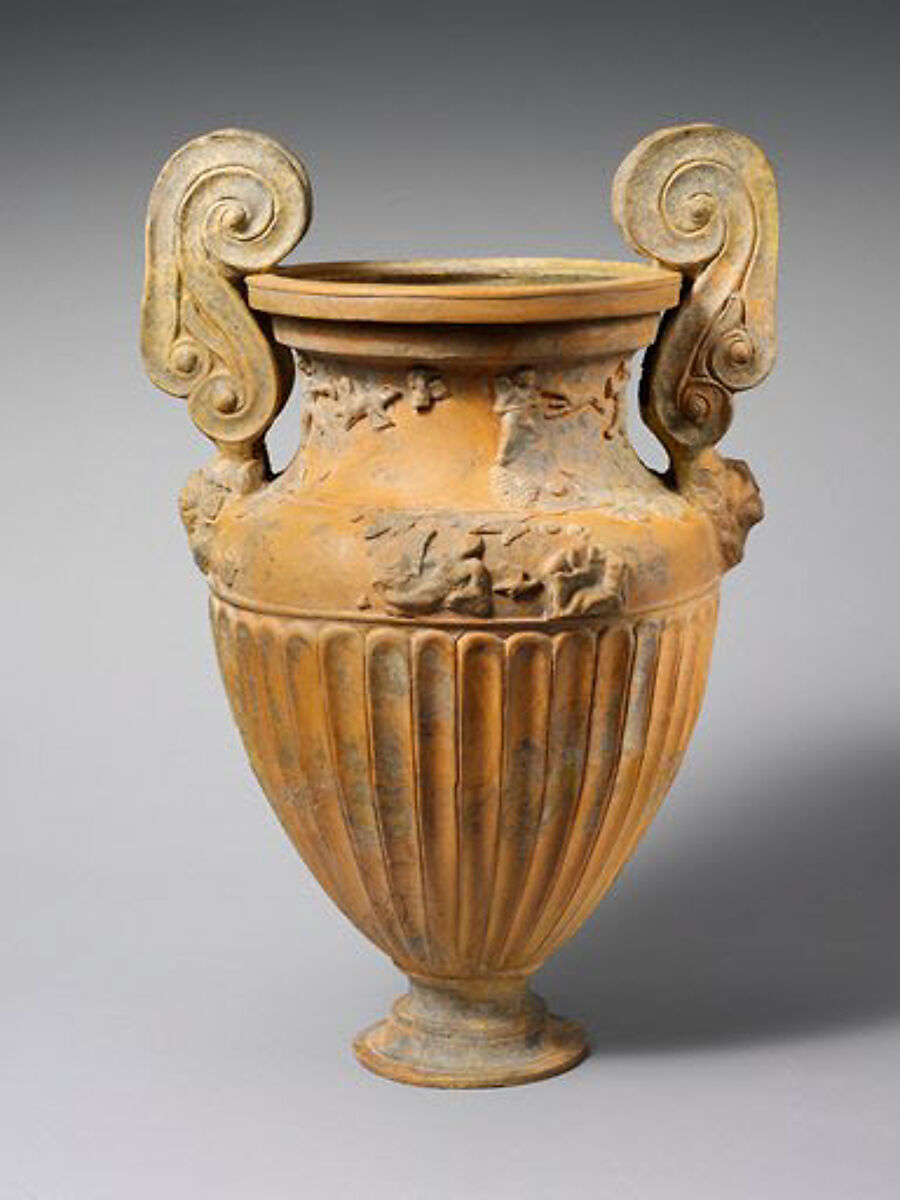 Terracotta volute-krater (container for mixing wine and water), Attributed to the Bolsena Group, Terracotta, Etruscan 