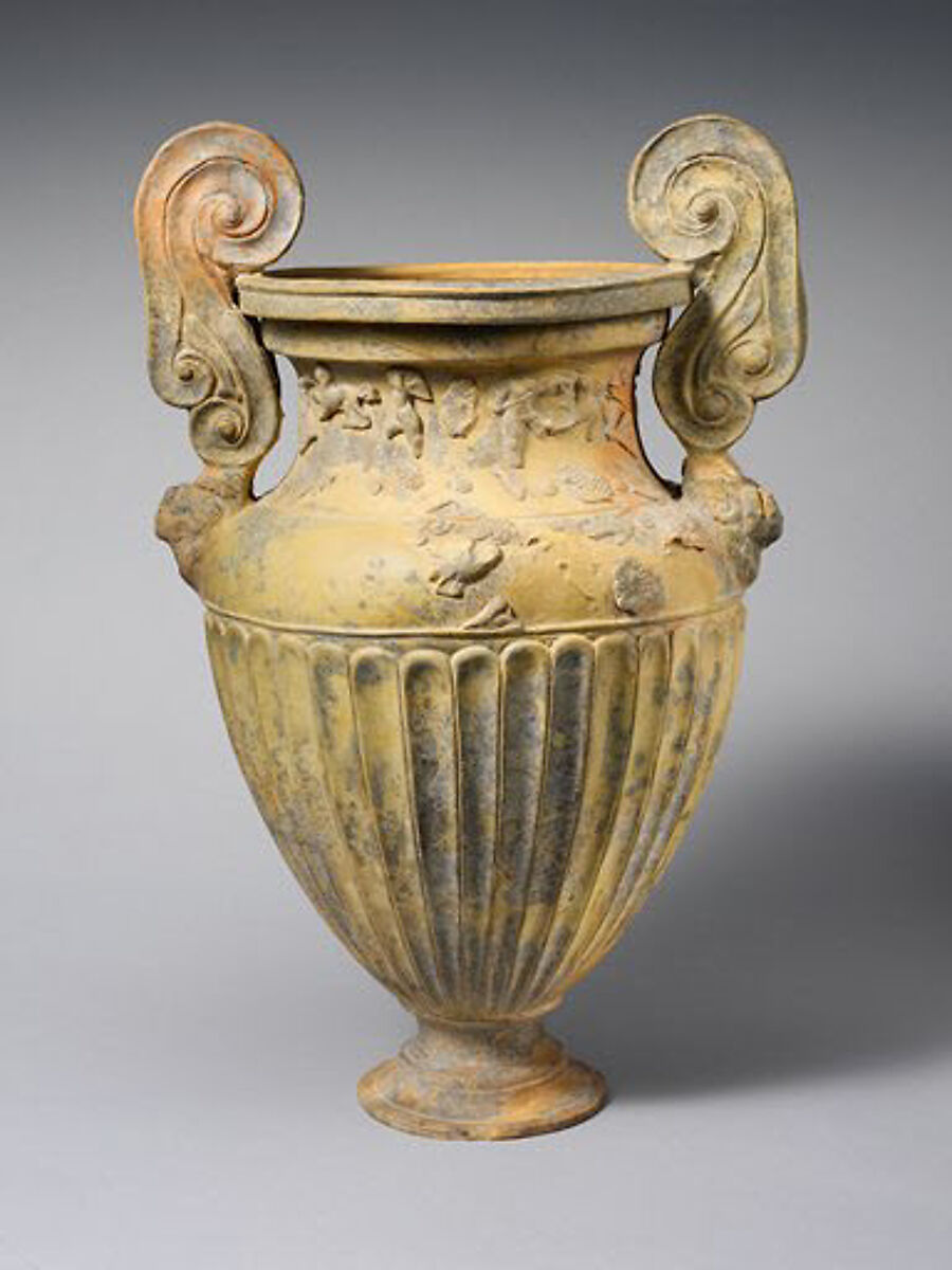 Terracotta volute-krater (container for mixing wine and water), Attributed to the Bolsena Group, Terracotta, Etruscan