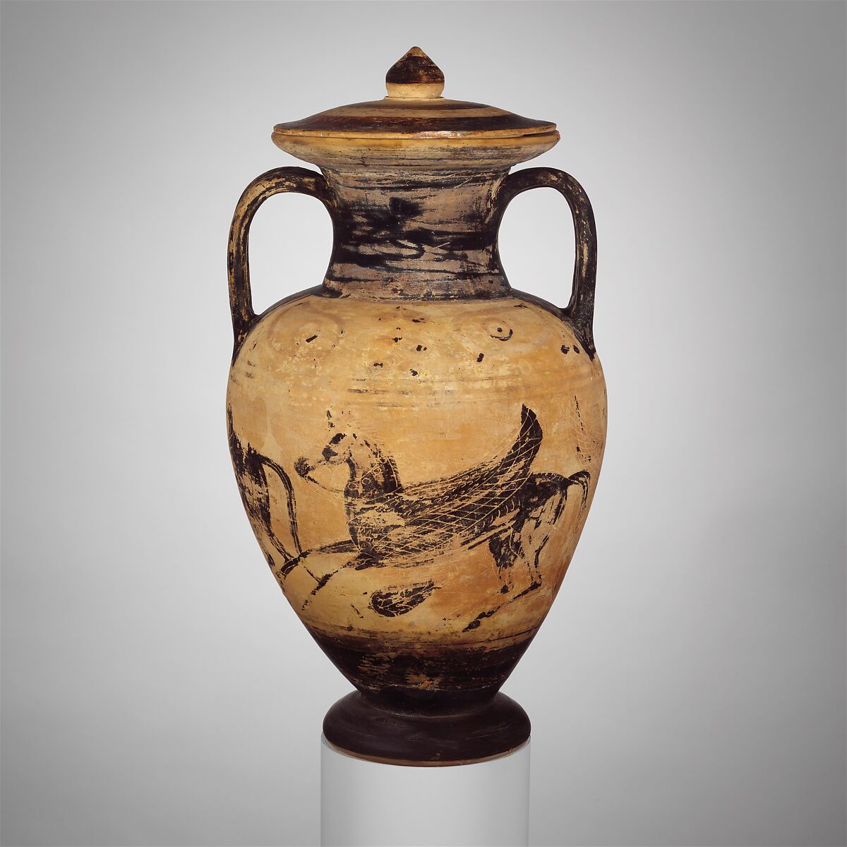 Terracotta neck-amphora (jar) with lid, Attributed to the Micali Painter, Terracotta, Etruscan 