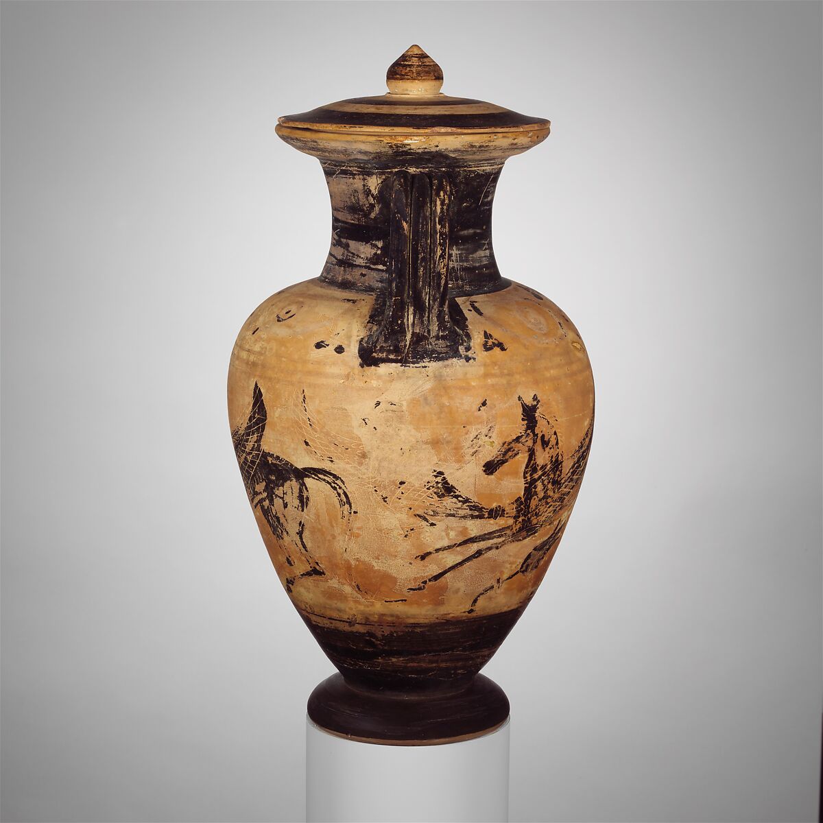 Terracotta neck-amphora (jar) with lid, Attributed to the Micali Painter, Terracotta, Etruscan
