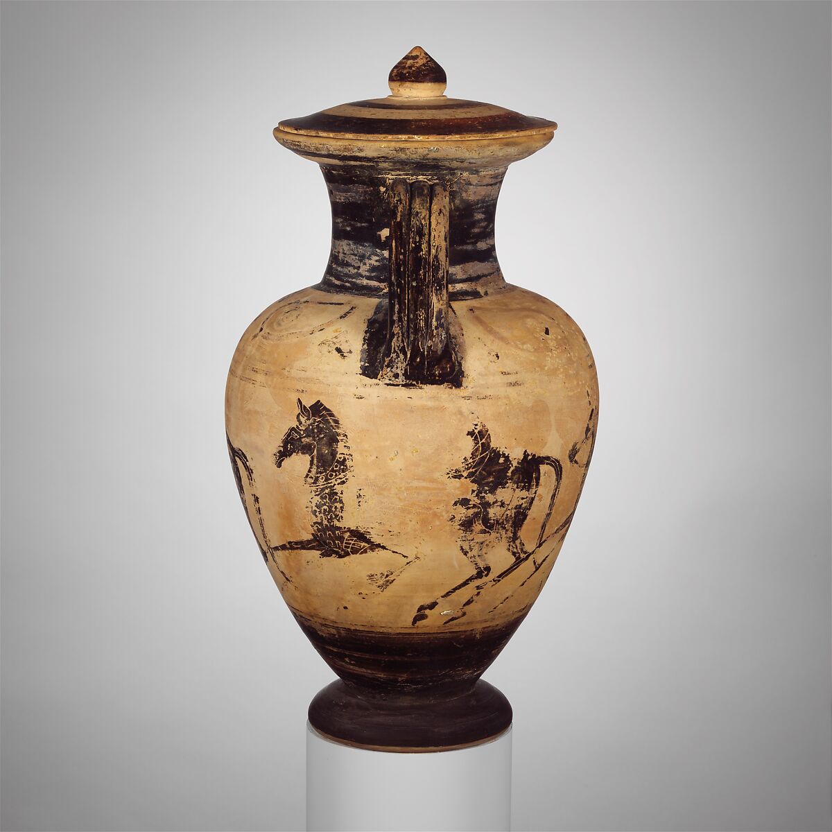 Terracotta neck-amphora (jar) with lid, Attributed to the Micali Painter, Terracotta, Etruscan