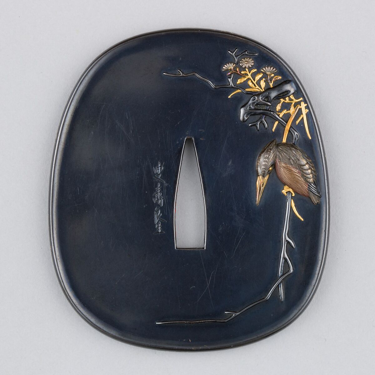 Sword Guard (Tsuba), Inscribed by Kanō Natsuo (Japanese, 1828–1898), Copper-silver alloy (shibuichi), copper-gold alloy (shakudō), gold, silver, copper, Japanese 