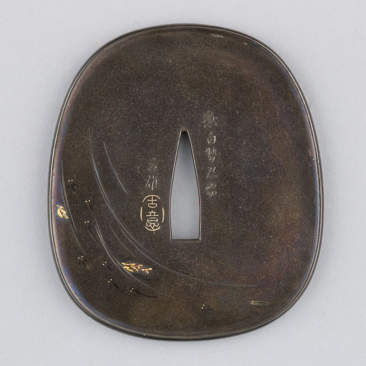 Sword Guard (Tsuba), Inscribed by Kanō Natsuo (Japanese, 1828–1898), Copper-silver alloy (shibuichi), copper-gold alloy (shakudō), gold, silver, copper, Japanese