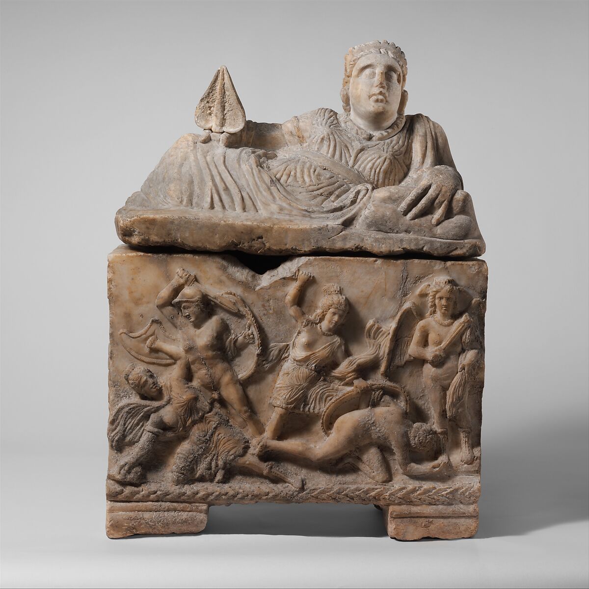 Alabaster cinerary urn, Alabaster, Etruscan 