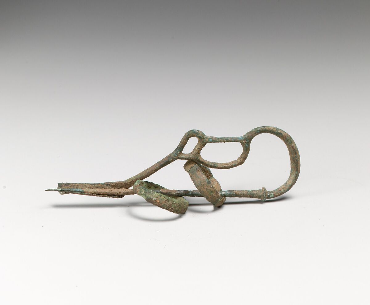 Bronze serpentine-type fibula (safety pin) with two rings, Bronze, Villanovan 