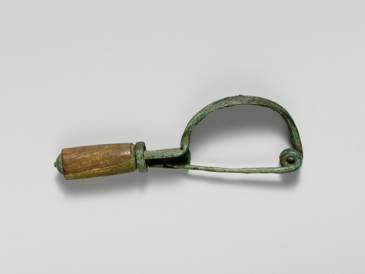 Bronze bow-shaped fibula (safety pin) with bone cylinder, Bronze, bone, Italic 