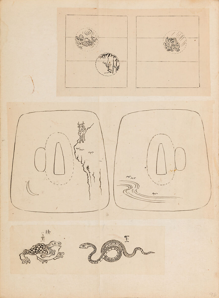 彫鐫画譜 Album of Designs for Metal Carving (<i>Chōsen Gafu</i>), 嵐山常行画 Ranzan Tsuneyuki (Japanese, active mid-19th century), Ink on paper, pasted into a bound volume, Japanese
