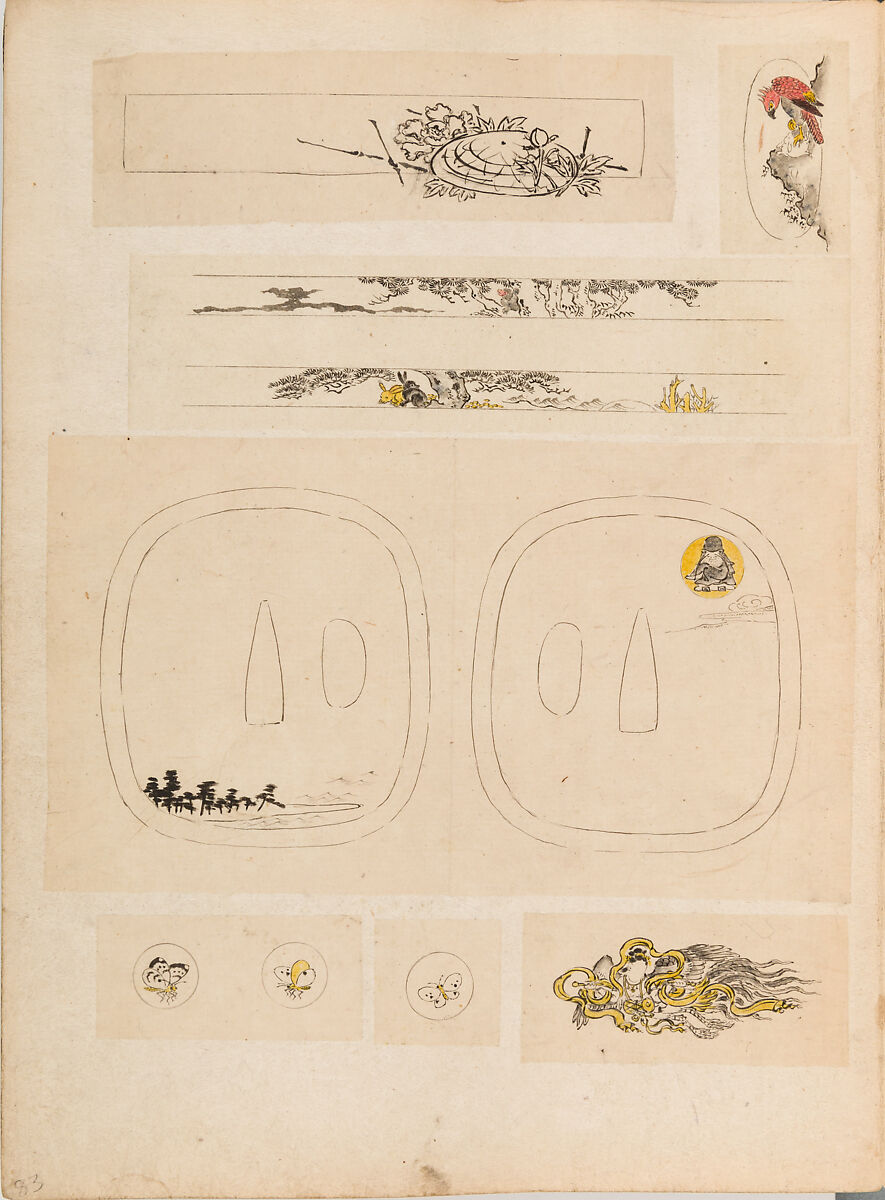 彫鐫画譜 Album of Designs for Metal Carving (<i>Chōsen Gafu</i>), 嵐山常行画 Ranzan Tsuneyuki (Japanese, active mid-19th century), Ink on paper, pasted into a bound volume, Japanese