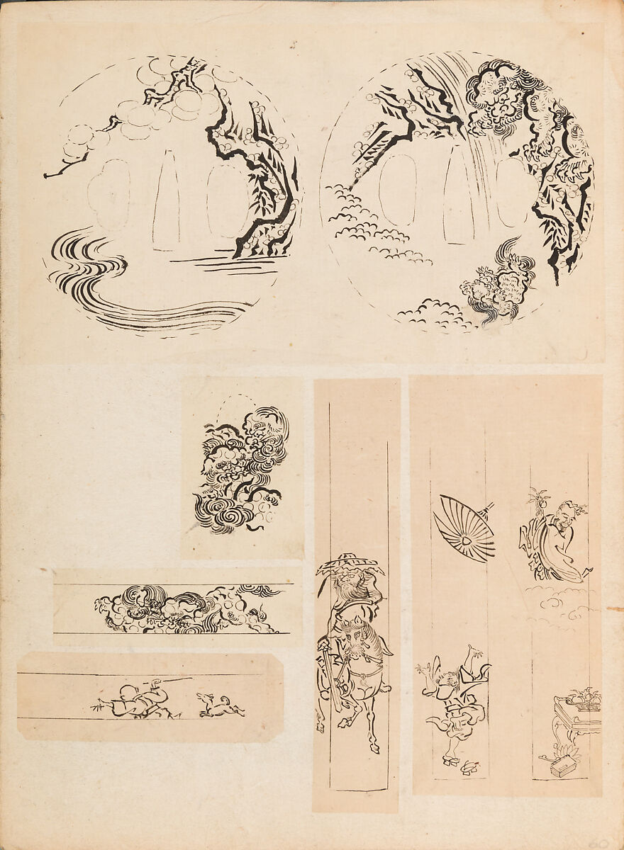 彫鐫画譜 Album of Designs for Metal Carving (<i>Chōsen Gafu</i>), 嵐山常行画 Ranzan Tsuneyuki (Japanese, active mid-19th century), Ink on paper, pasted into a bound volume, Japanese