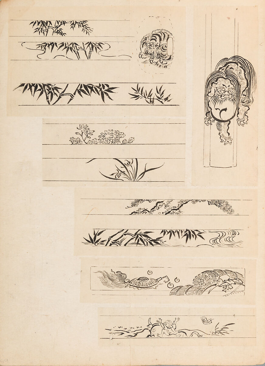彫鐫画譜 Album of Designs for Metal Carving (<i>Chōsen Gafu</i>), 嵐山常行画 Ranzan Tsuneyuki (Japanese, active mid-19th century), Ink on paper, pasted into a bound volume, Japanese