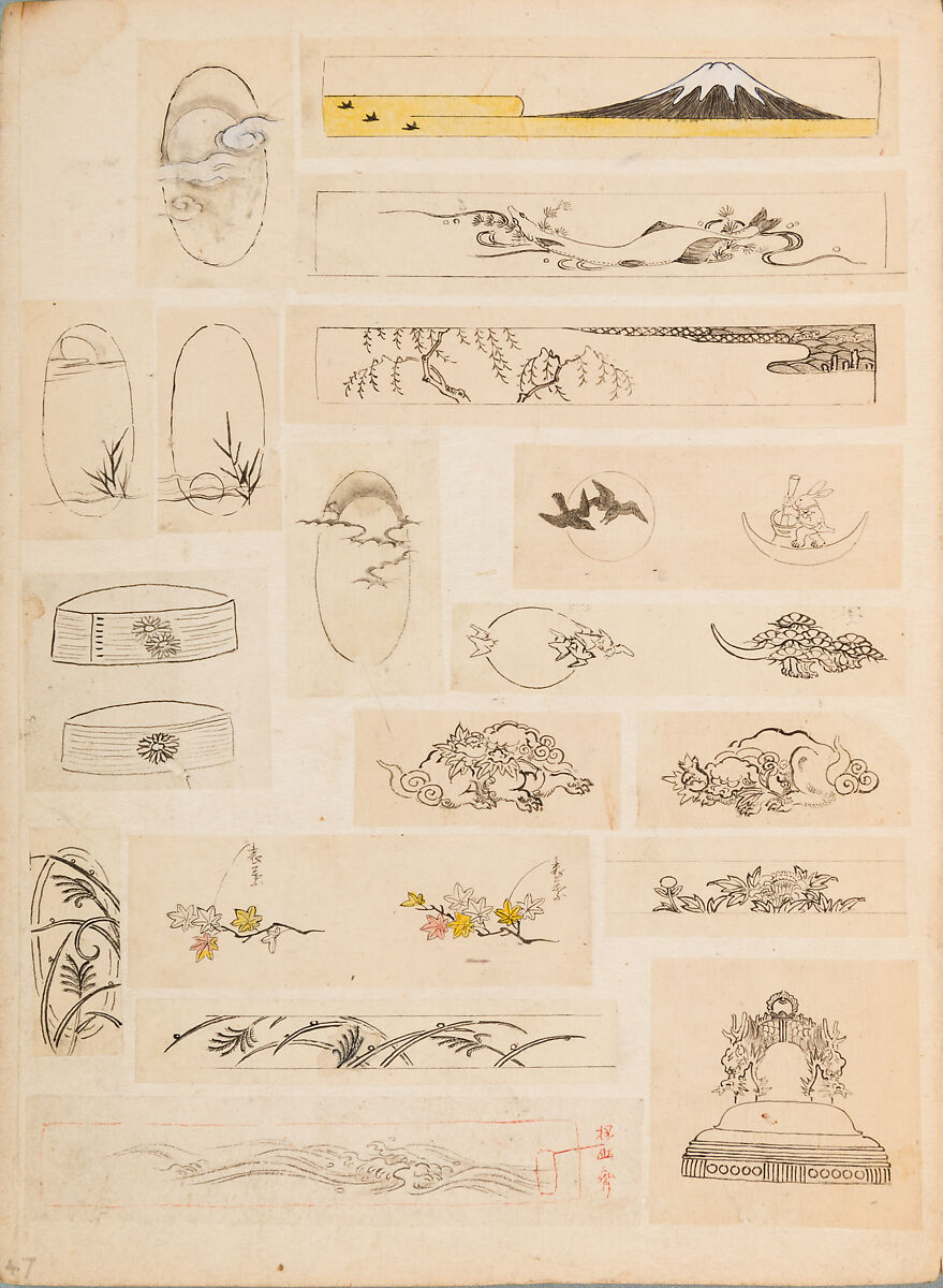 彫鐫画譜 Album of Designs for Metal Carving (<i>Chōsen Gafu</i>), 嵐山常行画 Ranzan Tsuneyuki (Japanese, active mid-19th century), Ink on paper, pasted into a bound volume, Japanese