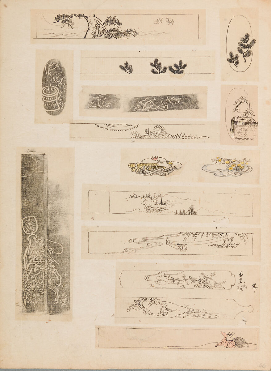 彫鐫画譜 Album of Designs for Metal Carving (<i>Chōsen Gafu</i>), 嵐山常行画 Ranzan Tsuneyuki (Japanese, active mid-19th century), Ink on paper, pasted into a bound volume, Japanese