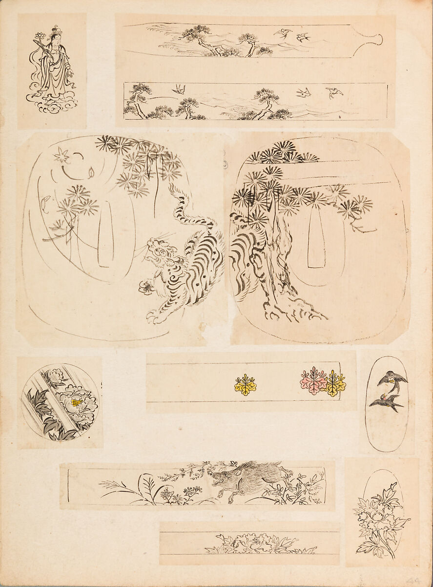 彫鐫画譜 Album of Designs for Metal Carving (<i>Chōsen Gafu</i>), 嵐山常行画 Ranzan Tsuneyuki (Japanese, active mid-19th century), Ink on paper, pasted into a bound volume, Japanese