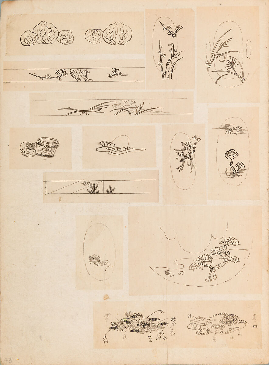 彫鐫画譜 Album of Designs for Metal Carving (<i>Chōsen Gafu</i>), 嵐山常行画 Ranzan Tsuneyuki (Japanese, active mid-19th century), Ink on paper, pasted into a bound volume, Japanese