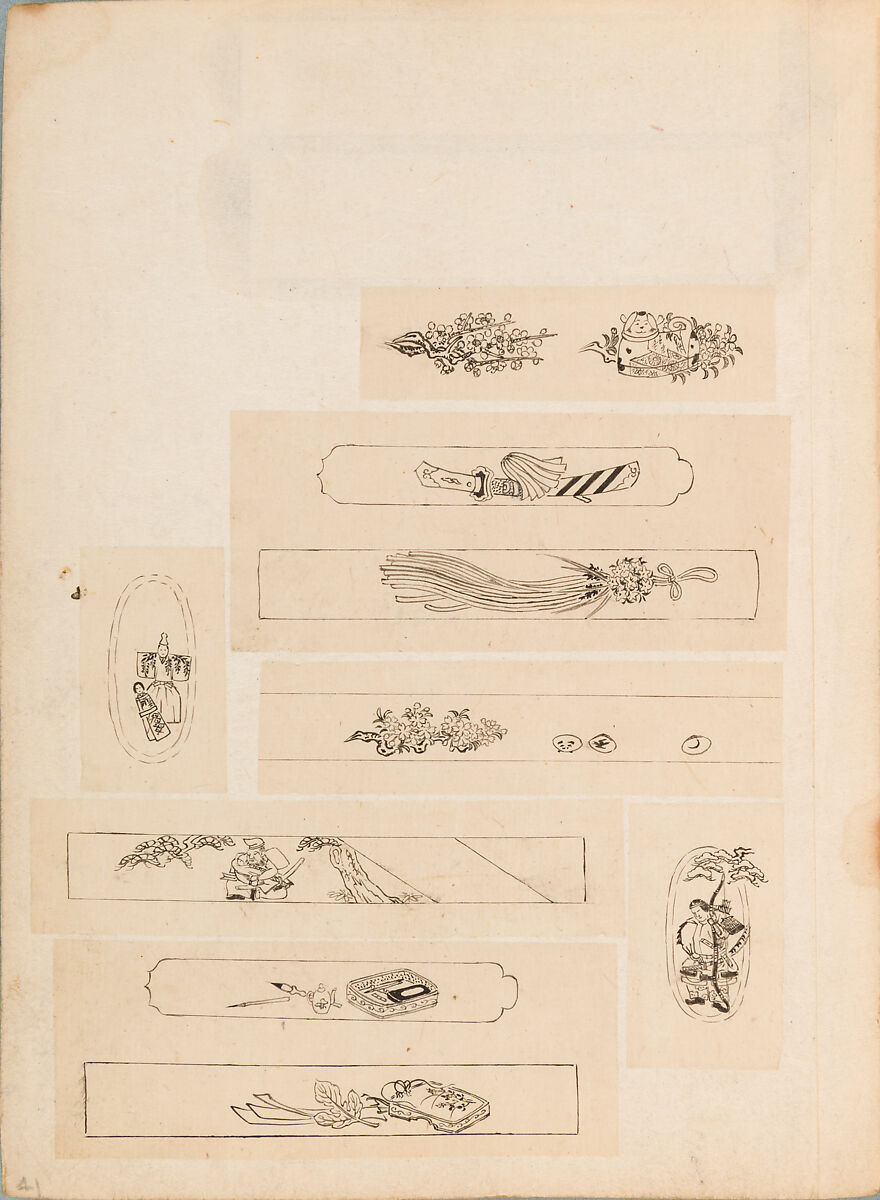 彫鐫画譜 Album of Designs for Metal Carving (<i>Chōsen Gafu</i>), 嵐山常行画 Ranzan Tsuneyuki (Japanese, active mid-19th century), Ink on paper, pasted into a bound volume, Japanese