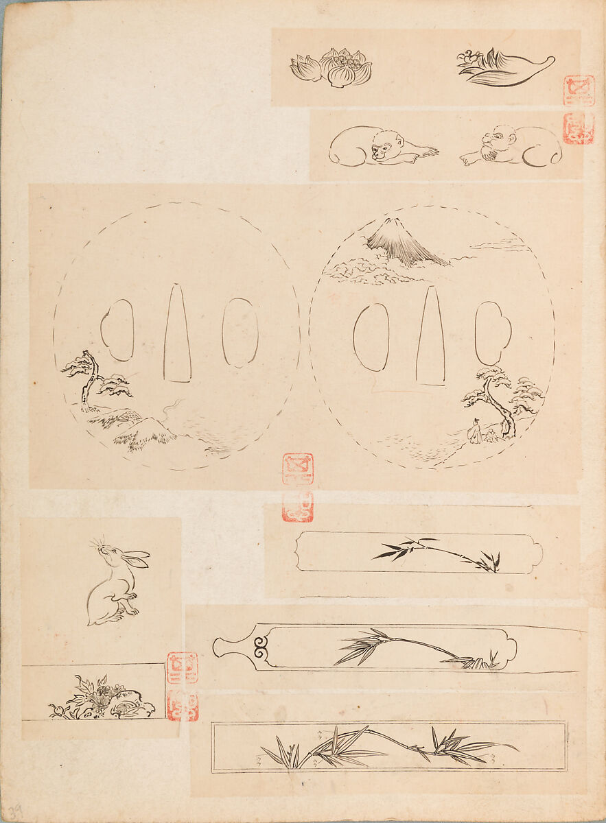 彫鐫画譜 Album of Designs for Metal Carving (<i>Chōsen Gafu</i>), 嵐山常行画 Ranzan Tsuneyuki (Japanese, active mid-19th century), Ink on paper, pasted into a bound volume, Japanese