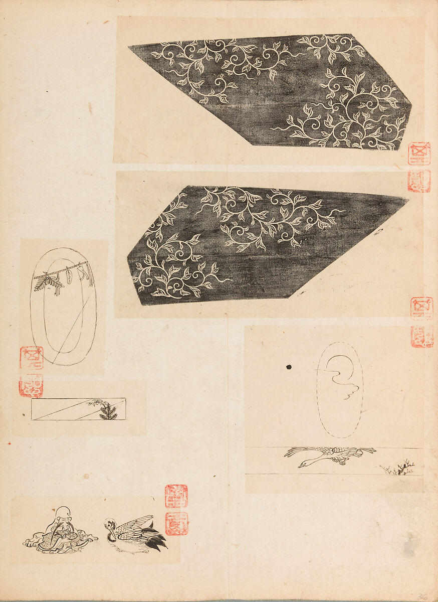 彫鐫画譜 Album of Designs for Metal Carving (<i>Chōsen Gafu</i>), 嵐山常行画 Ranzan Tsuneyuki (Japanese, active mid-19th century), Ink on paper, pasted into a bound volume, Japanese